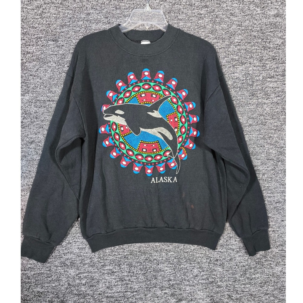 Vintage Fruit of the Loom Alaska Orca Whale Sweatshirt Black Large 90s Graphic